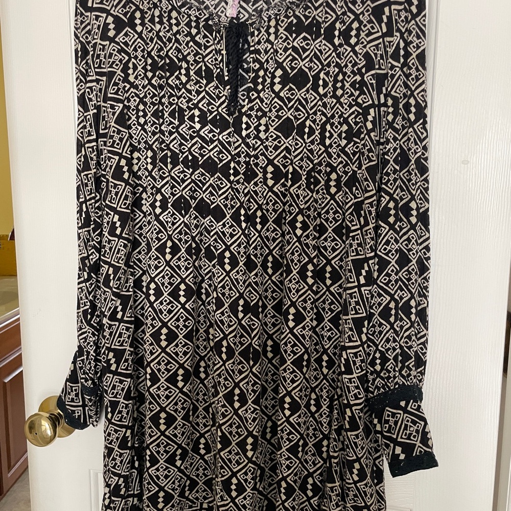 Free People Black and Cream Geometric Long Sleeve Dress